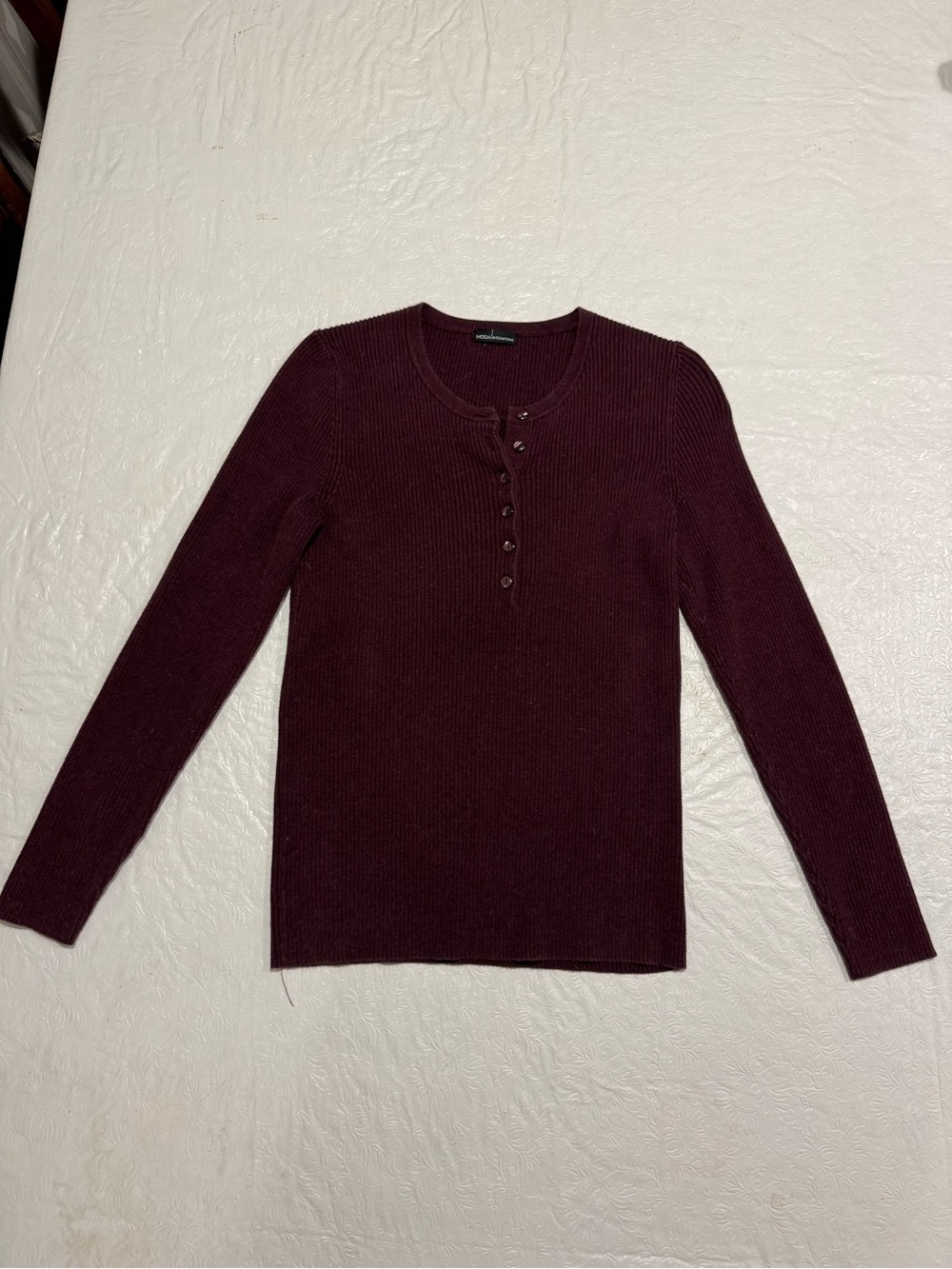 Moda International Long-Sleeve Ribbed Henley Top - wine